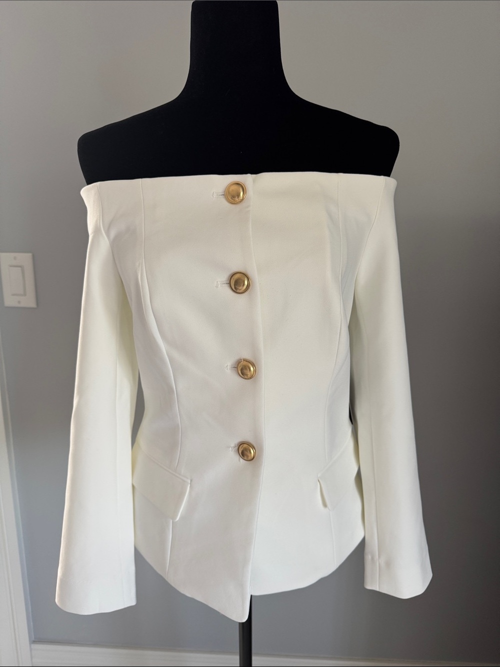 Express Off-Shoulder White Blazer with Gold Buttons